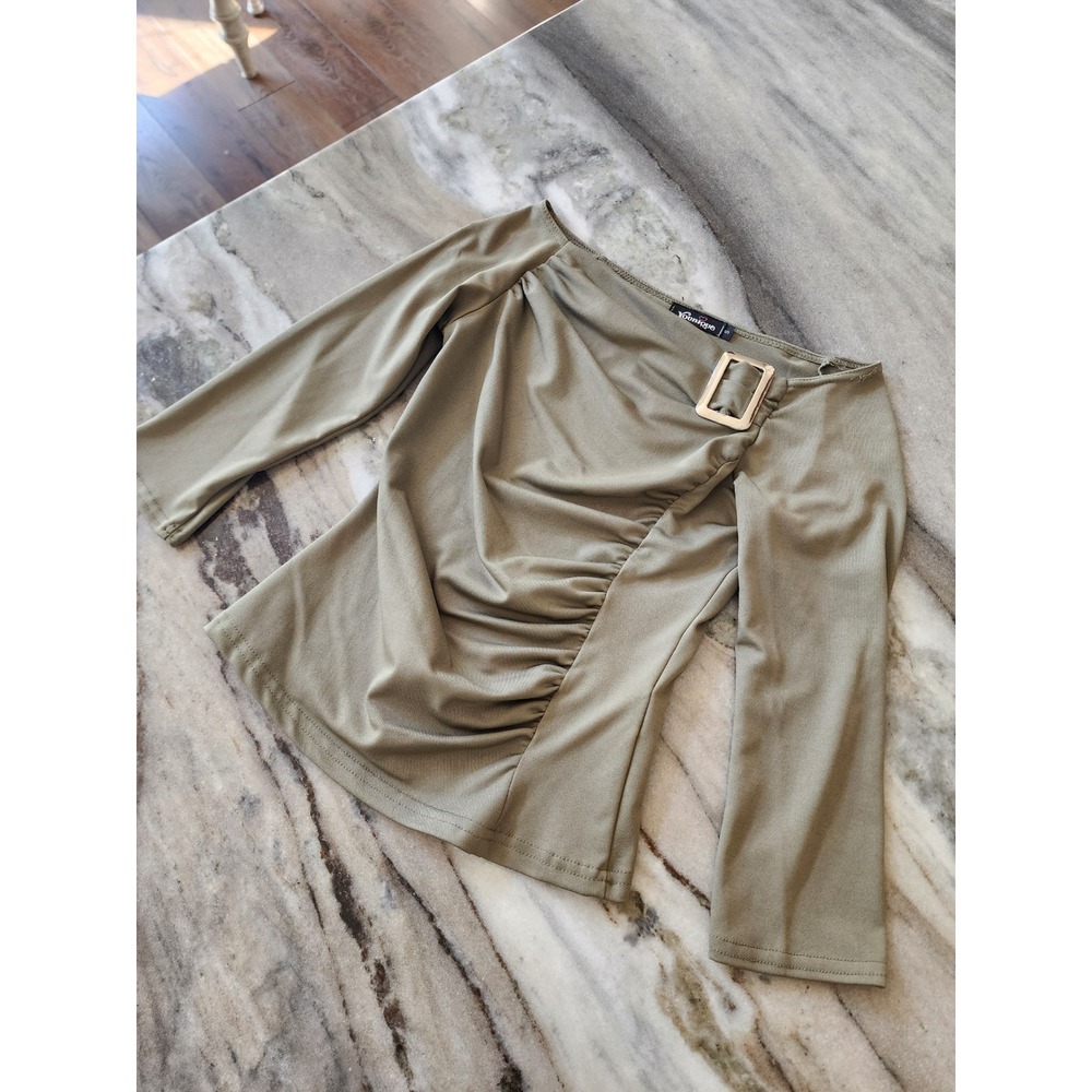 VTG Y2K Olive Green Asymmetrical Ruched Buckle Top Long Sleeve Small